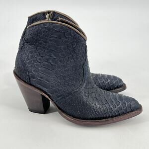 Azulado Kyra Almond Toe Navy Suede Python Wood Block Ankle Boots Women's 7.5